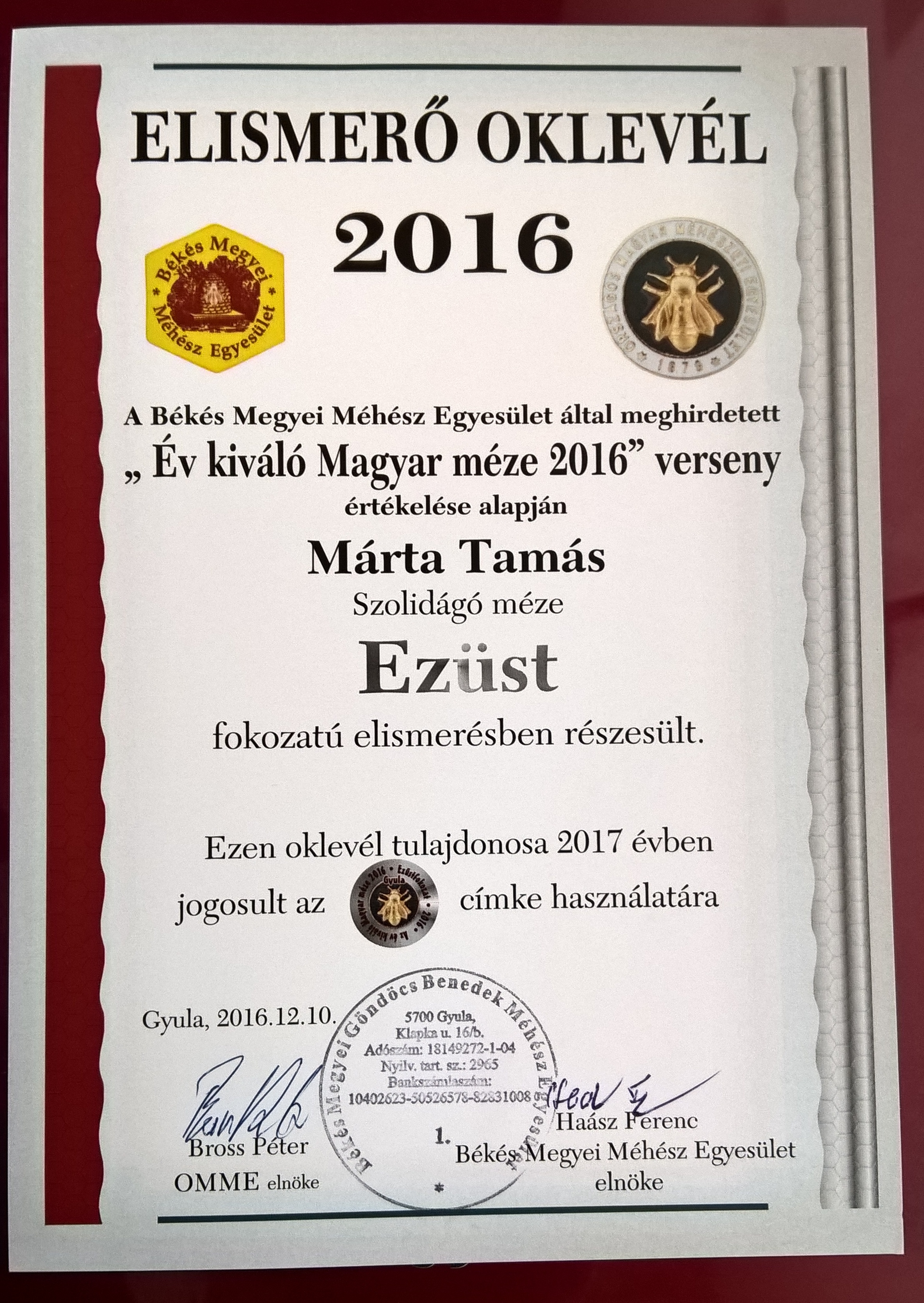 "Év Kiváló Magyar méze 2016"